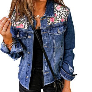 Mixed Print Distressed Button Front Denim Jacket-Size XLarge